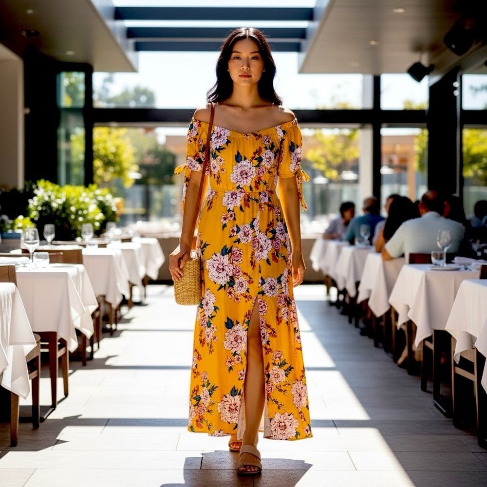 Band of Gypsies Maxi‎ Dress Womens Medium Yellow Floral Tiered Slit Boho-XS